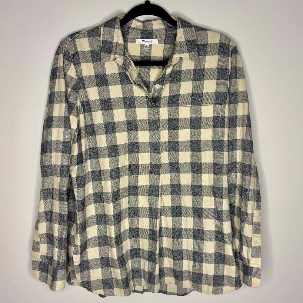 Madewell Oversized Flannel Button Down Shirt Gray Cream Plaid / Buffalo Medium - Picture 4 of 6